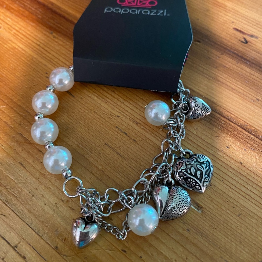 Paparazzi Silver Heart Charm Bracelet with White Beads